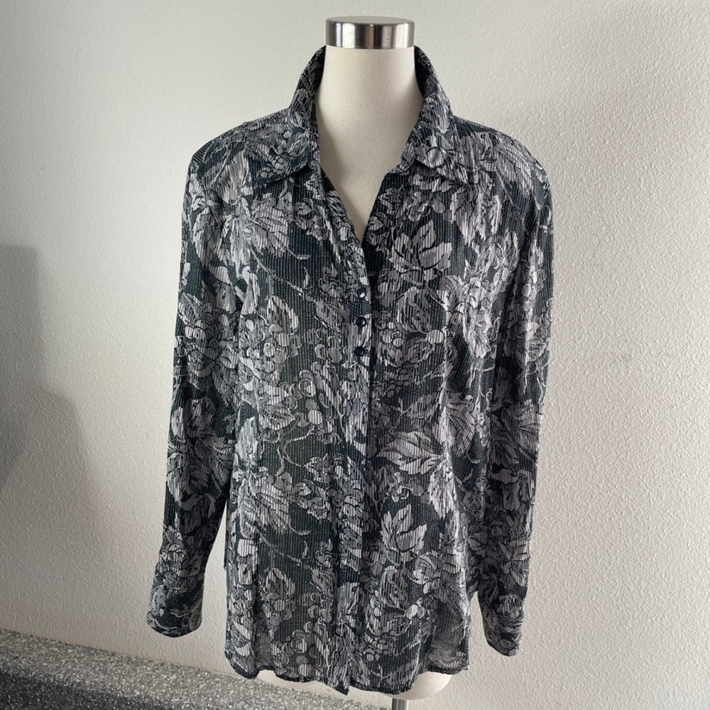 Coldwater Creek Womens XL 18 No Iron Shirt Black White Abstract Button Up Blouse